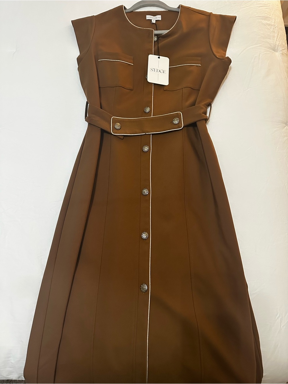 STAGE Brown Sleeveless Midi Dress with Contrast Piping and Belt